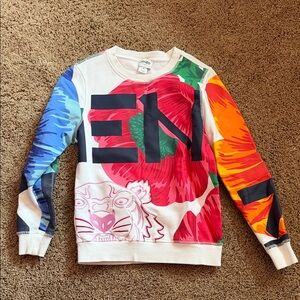 Kenzo White Sweatshirt with Multicolor Floral & Tiger Motif size 10